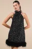 Magnetic Darling Shiny Black Sequin Feather Shift Mini Dress sold by Lulus