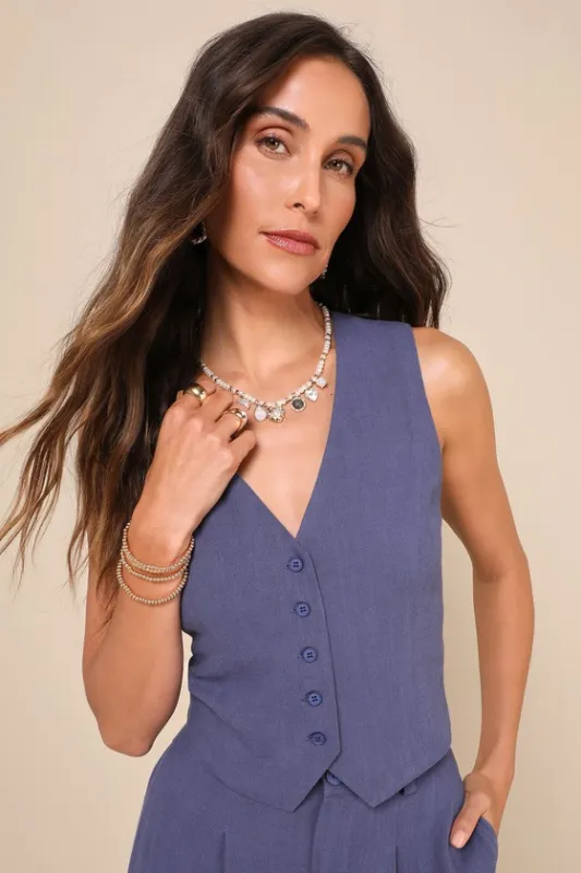 Suits You Perfectly Dark Blue Linen Vest sold by Lulus