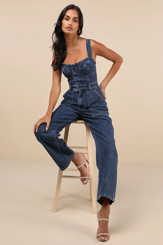 Fresh Perfection Dark Wash Bustier Sleeveless Denim Jumpsuit sold by Lulus