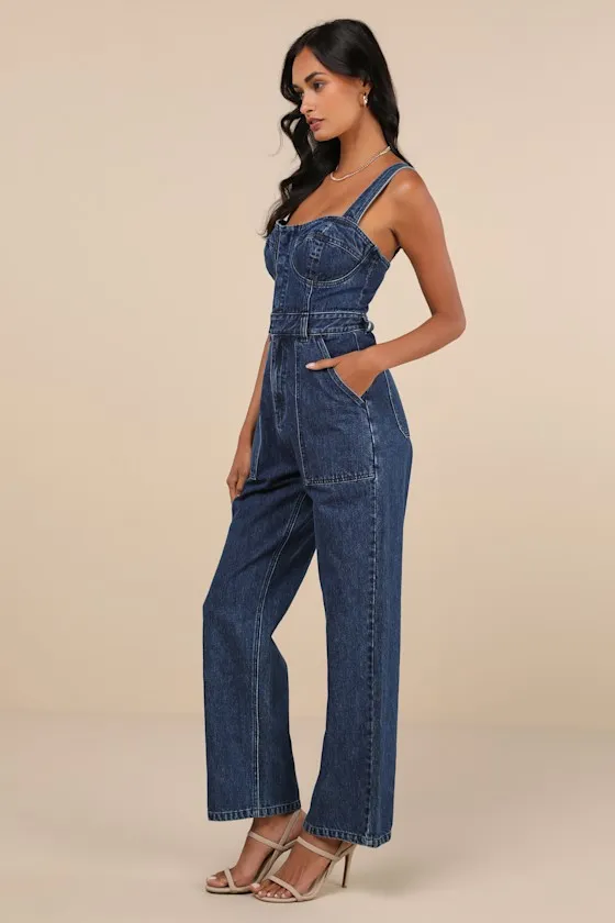 Fresh Perfection Dark Wash Bustier Sleeveless Denim Jumpsuit sold by Lulus product image thumbnail 4