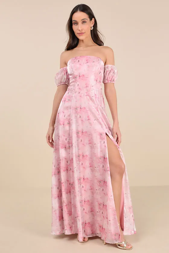 Idyllic Charisma Light Pink Floral Off-the-Shoulder Maxi Dress sold by Lulus