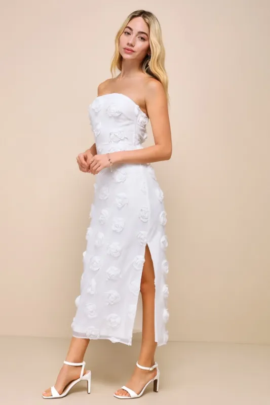 Posh Appearance White 3D Floral Applique Strapless Midi Dress sold by Lulus