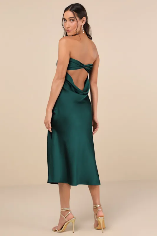 Effortless Bliss Emerald Satin Strapless Cowl Back Midi Dress sold by Lulus