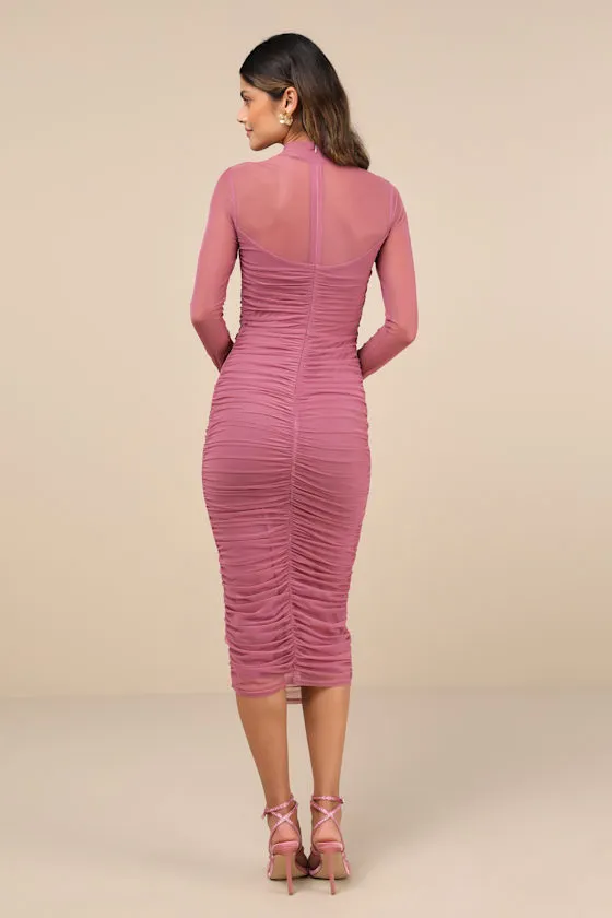 Impressive Flirt Dusty Rose Mesh Ruched Mock Neck Midi Dress sold by Lulus product image thumbnail 3