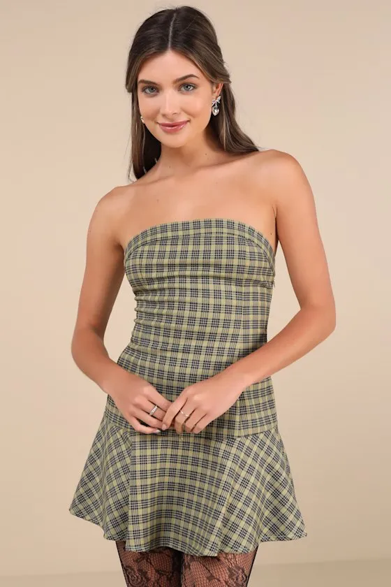 Hadia Yellow Plaid Strapless Drop Waist Mini Dress sold by Lulus