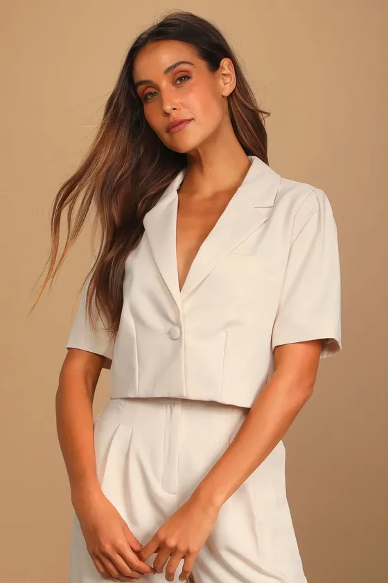 Posh Company Ivory Cropped Short Sleeve Blazer sold by Lulus