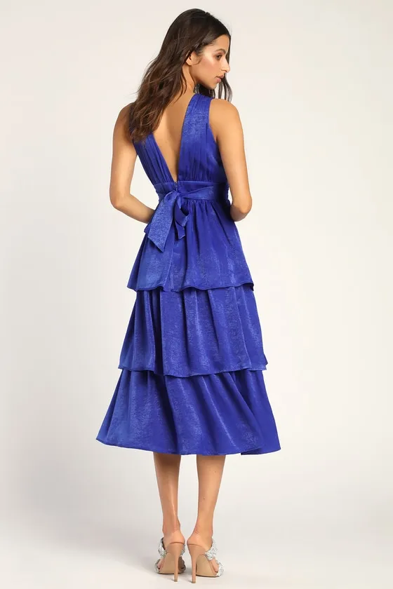 Peak Party Vibe Cobalt Blue Satin Tiered Tie-Back Midi Dress sold by Lulus