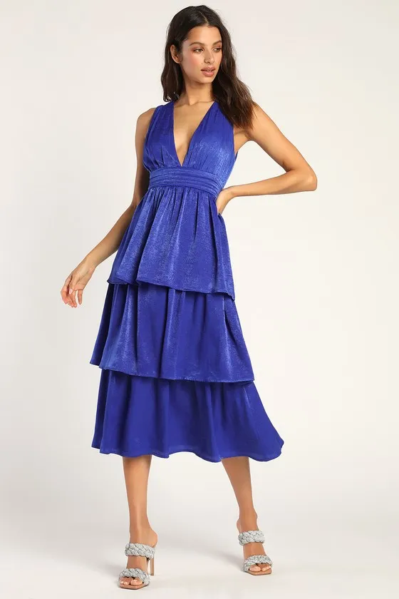 Peak Party Vibe Cobalt Blue Satin Tiered Tie-Back Midi Dress sold by Lulus product image thumbnail 2
