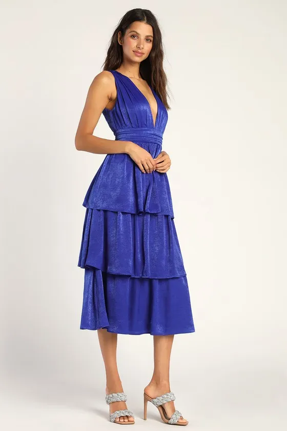 Peak Party Vibe Cobalt Blue Satin Tiered Tie-Back Midi Dress sold by Lulus product image thumbnail 4