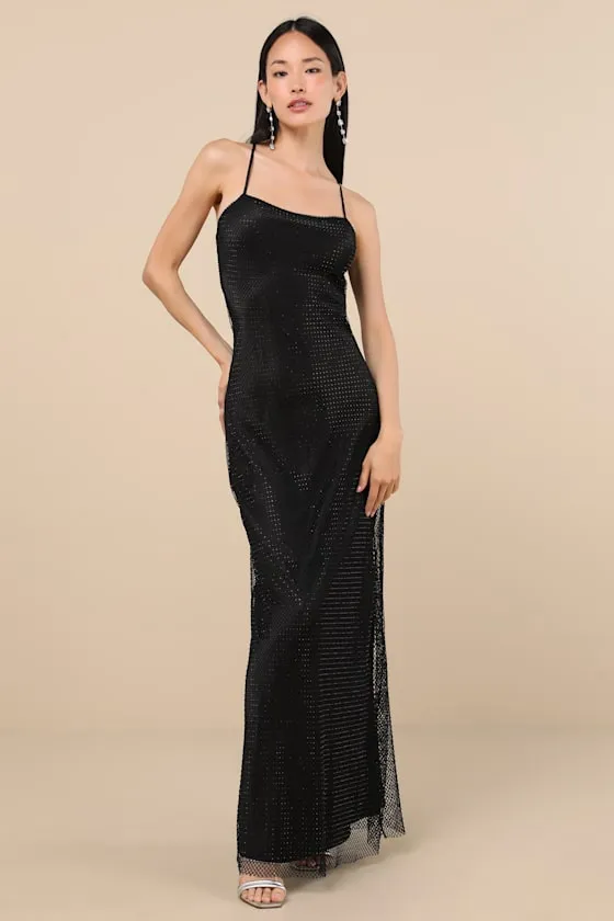 Maxxine Black Fishnet Rhinestone Column Maxi Dress sold by Lulus