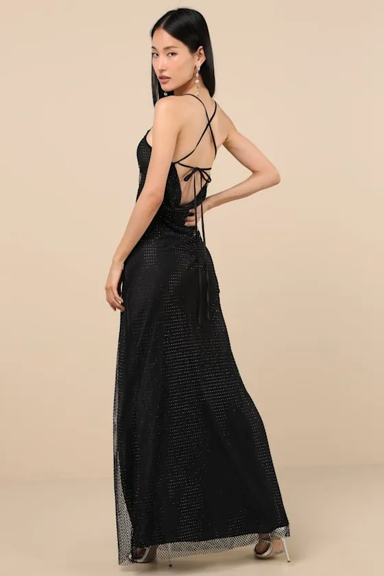Maxxine Black Fishnet Rhinestone Column Maxi Dress sold by Lulus product image thumbnail 2