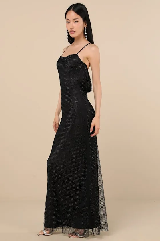 Maxxine Black Fishnet Rhinestone Column Maxi Dress sold by Lulus product image thumbnail 3