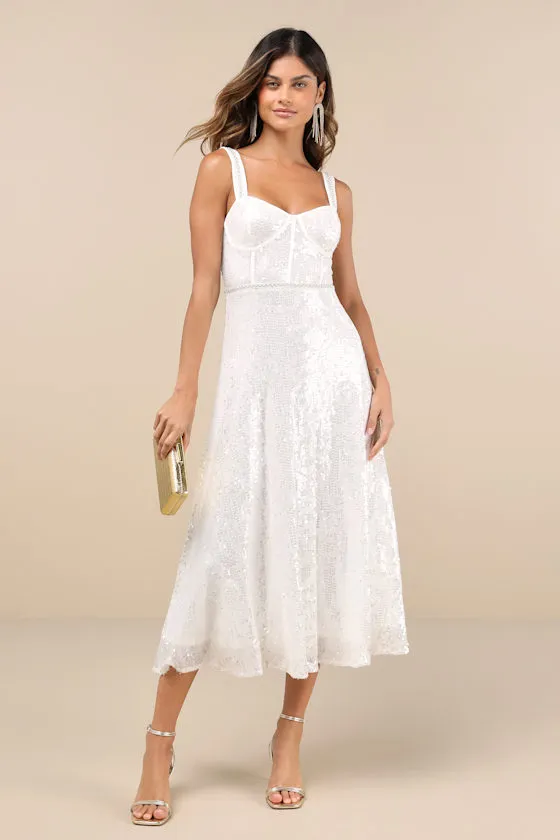Exceptionally Glamorous White Sequin Pearl Bustier Midi Dress sold by Lulus