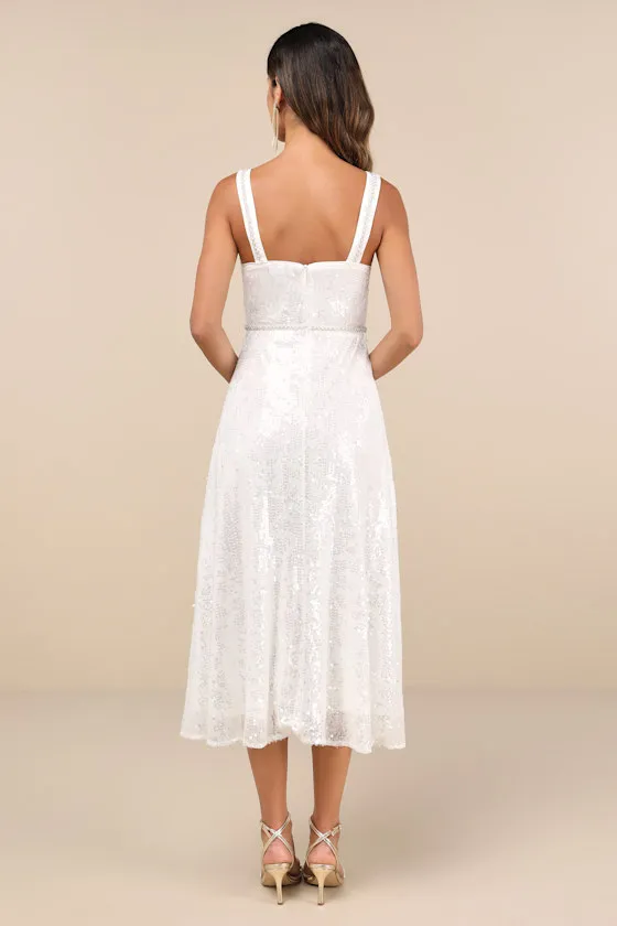 Exceptionally Glamorous White Sequin Pearl Bustier Midi Dress sold by Lulus product image thumbnail 3