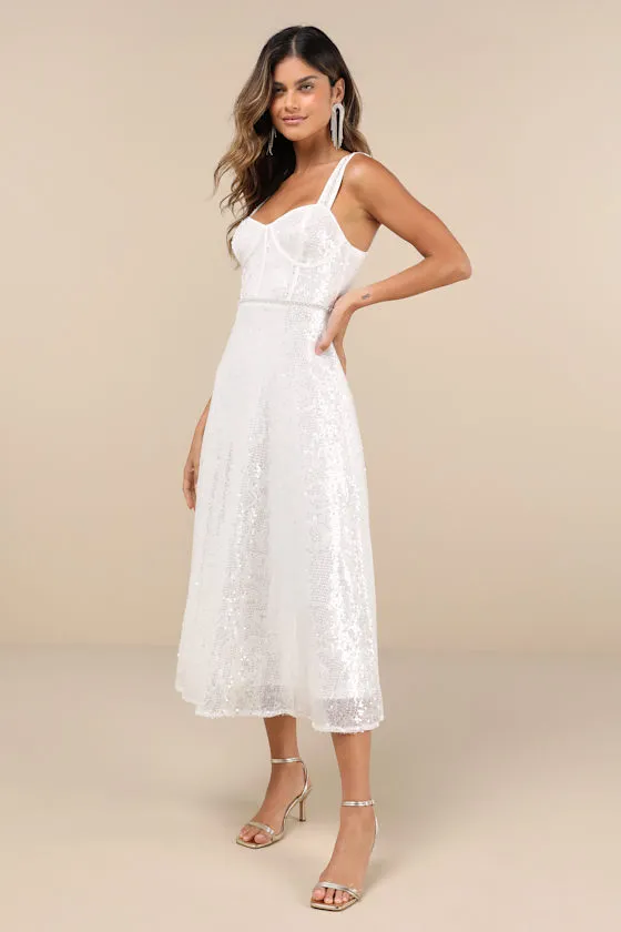Exceptionally Glamorous White Sequin Pearl Bustier Midi Dress sold by Lulus product image thumbnail 4