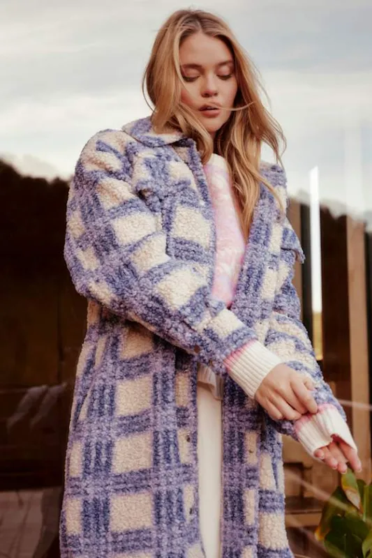 Winter Winds Blue Plaid Shearling Jacket sold by Lulus