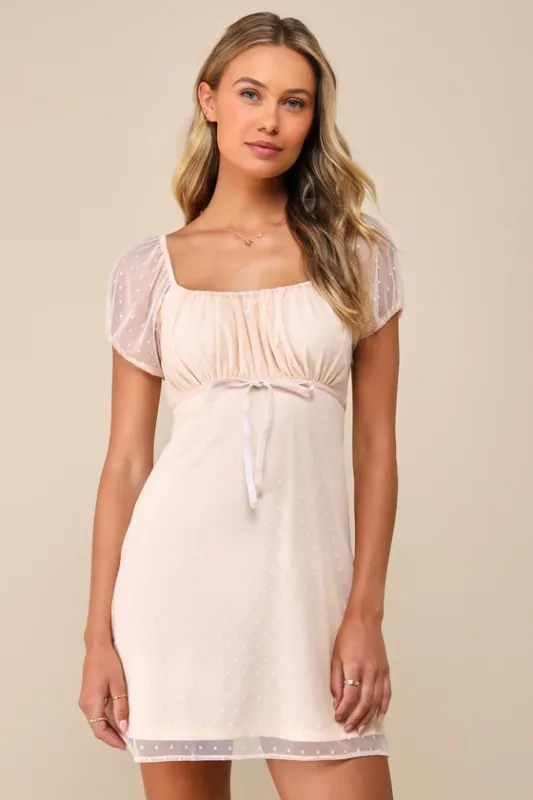 Immense Sweetness Blush Swiss Dot Mesh Puff Sleeve Mini Dress sold by Lulus