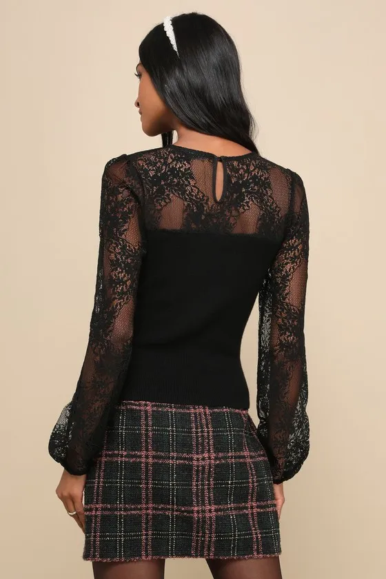 Sweetest Charisma Black Lace Ribbed Knit Long Sleeve Top sold by Lulus product image thumbnail 3