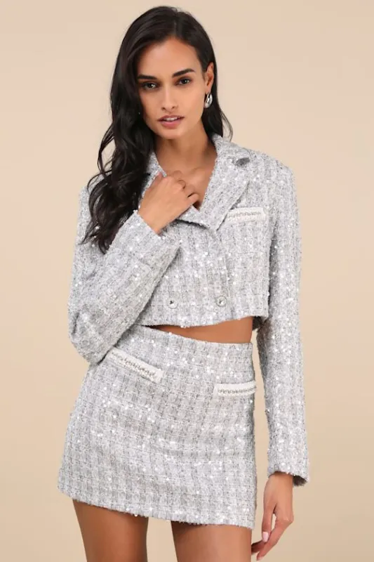 Notable Glitter Silver Tweed Cropped Sequin Lurex Pearl Jacket sold by Lulus
