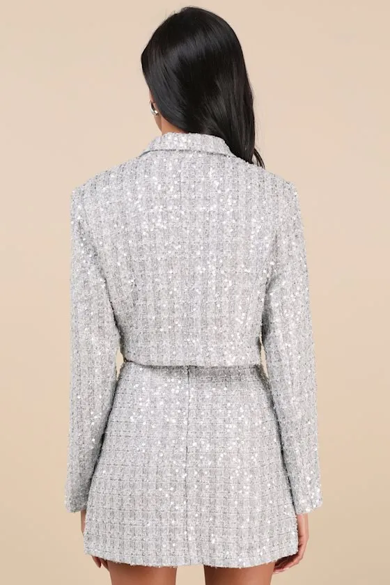 Notable Glitter Silver Tweed Cropped Sequin Lurex Pearl Jacket sold by Lulus product image thumbnail 2
