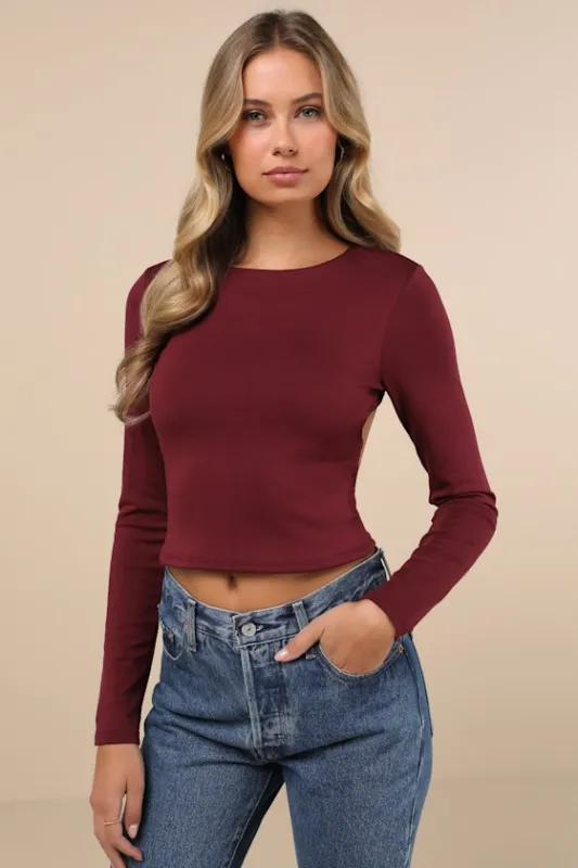 Daily Coolness Dark Plum Cutout Long Sleeve Crew Neck Top sold by Lulus