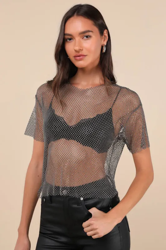 Glittery Demeanor Dark Grey Sheer Fishnet Rhinestone Top sold by Lulus
