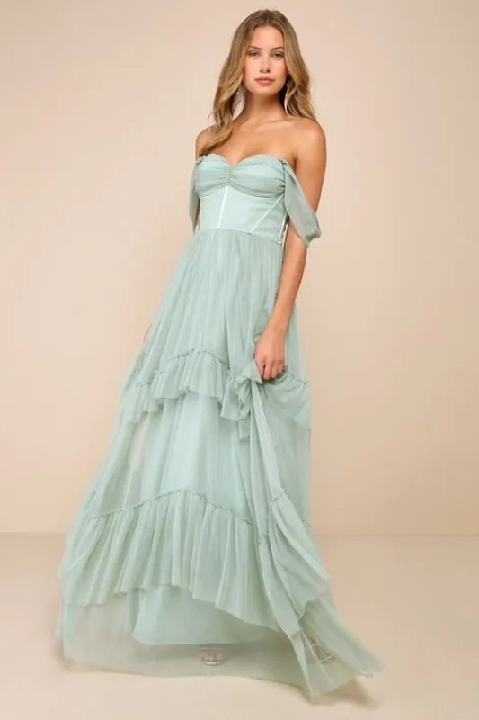 Stunning Personality Sage Green Mesh Off-the-Shoulder Maxi Dress sold by Lulus