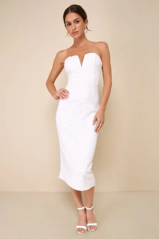 Stunning Effect Ivory Textured Cutout Strapless Midi Dress sold by Lulus