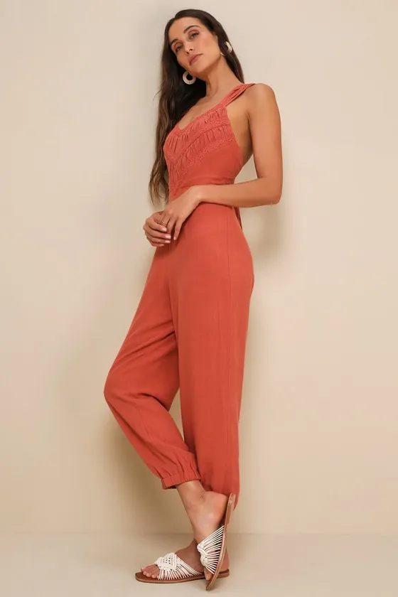 Distinctly Trendy Terracotta Linen Backless Jogger Jumpsuit sold by Lulus
