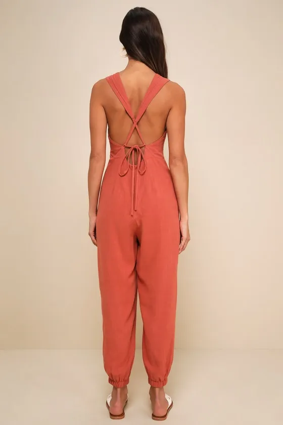 Distinctly Trendy Terracotta Linen Backless Jogger Jumpsuit sold by Lulus product image thumbnail 2