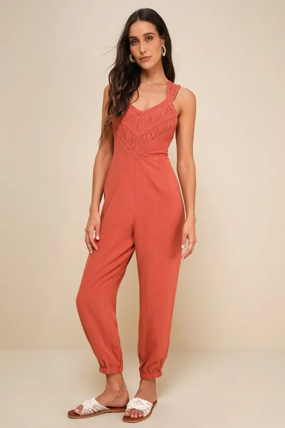 Distinctly Trendy Terracotta Linen Backless Jogger Jumpsuit sold by Lulus product image thumbnail 3
