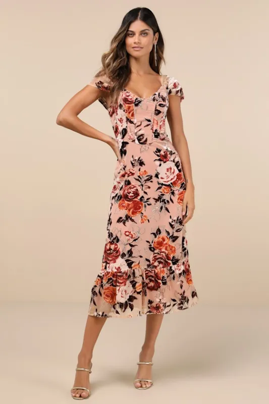 Composed Beauty Blush Pink Burnout Velvet Floral Midi Dress sold by Lulus