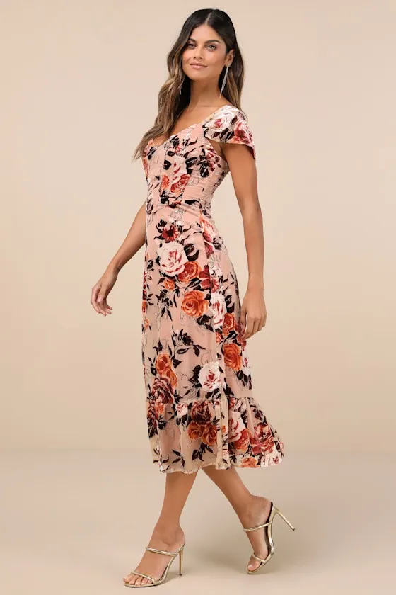 Composed Beauty Blush Pink Burnout Velvet Floral Midi Dress sold by Lulus product image thumbnail 2
