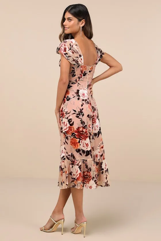 Composed Beauty Blush Pink Burnout Velvet Floral Midi Dress sold by Lulus product image thumbnail 3