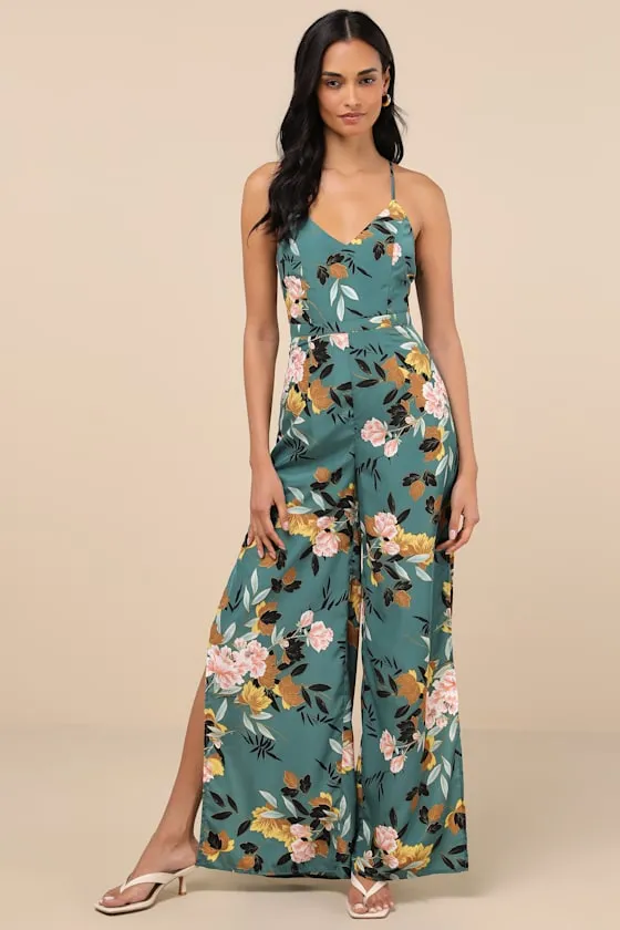 Beautiful Blooms Teal Green Floral Print Wide-Leg Jumpsuit sold by Lulus