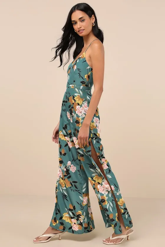 Beautiful Blooms Teal Green Floral Print Wide-Leg Jumpsuit sold by Lulus product image thumbnail 3