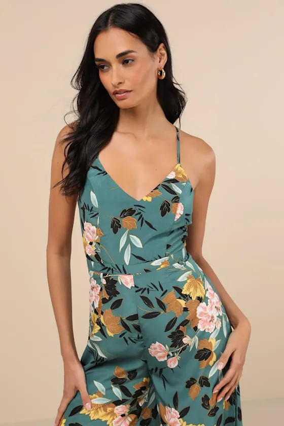 Beautiful Blooms Teal Green Floral Print Wide-Leg Jumpsuit sold by Lulus product image thumbnail 4
