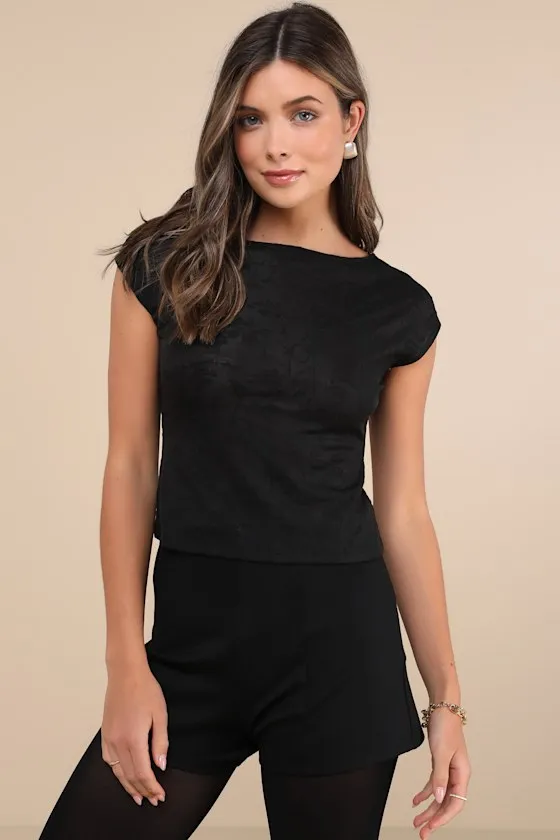 Nova Black Mesh Jacquard Cap Sleeve Top sold by Lulus