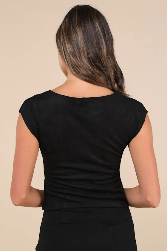 Nova Black Mesh Jacquard Cap Sleeve Top sold by Lulus product image thumbnail 3