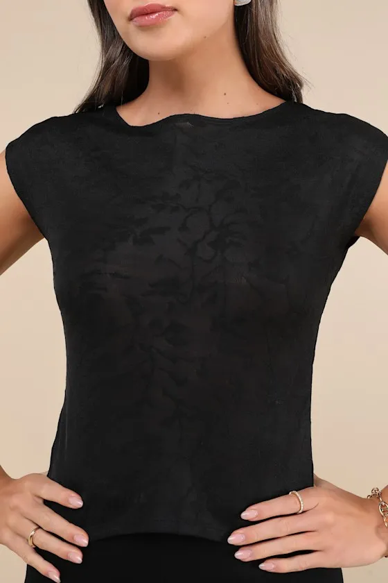 Nova Black Mesh Jacquard Cap Sleeve Top sold by Lulus product image thumbnail 4
