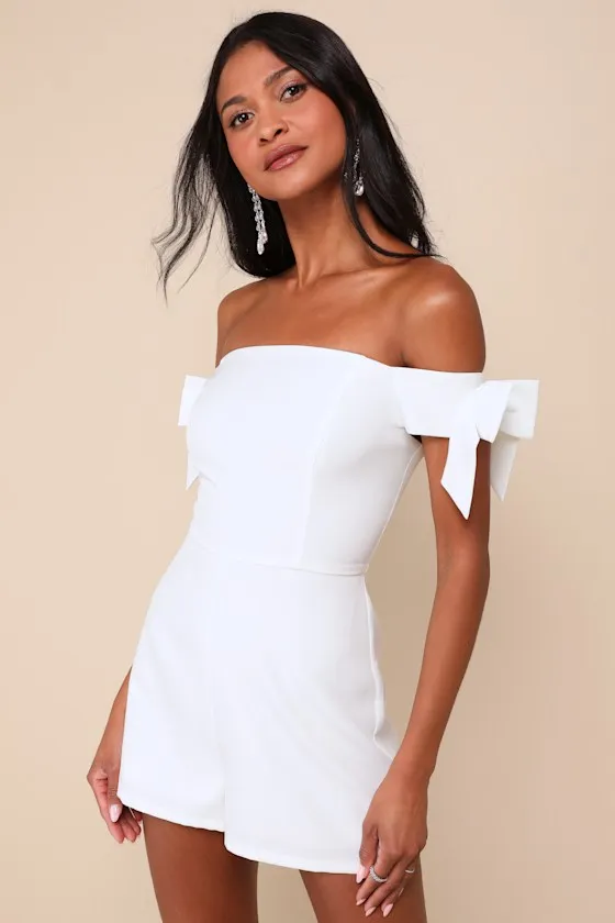 Ideally Sweet White Off-the-Shoulder Bow Romper sold by Lulus
