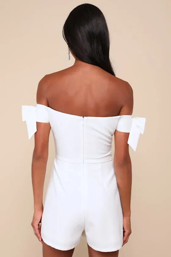 Ideally Sweet White Off-the-Shoulder Bow Romper sold by Lulus product image thumbnail 2