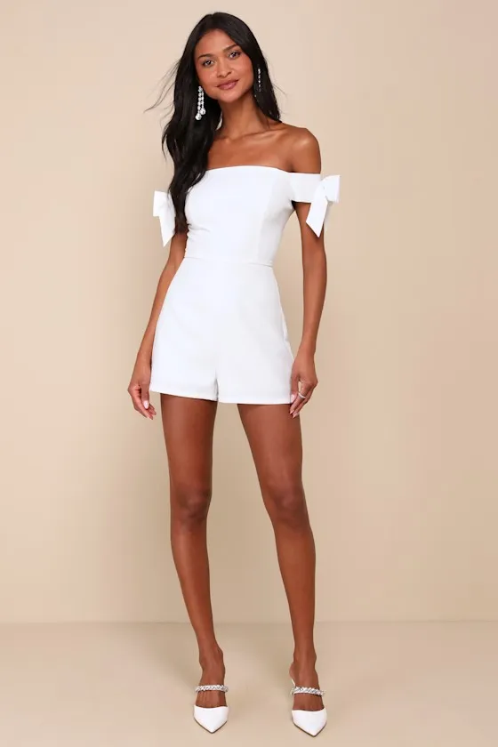 Ideally Sweet White Off-the-Shoulder Bow Romper sold by Lulus product image thumbnail 3
