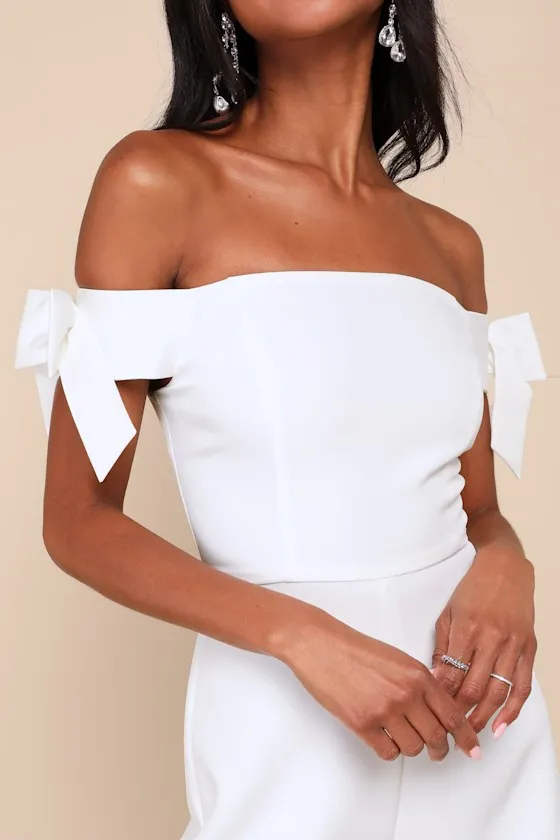 Ideally Sweet White Off-the-Shoulder Bow Romper sold by Lulus product image thumbnail 4