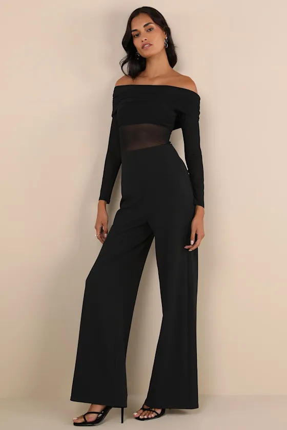 Sultry Statement Black Mesh Ruched Off-the-Shoulder Jumpsuit sold by Lulus