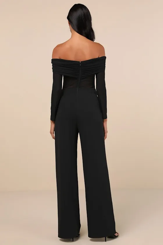 Sultry Statement Black Mesh Ruched Off-the-Shoulder Jumpsuit sold by Lulus product image thumbnail 2