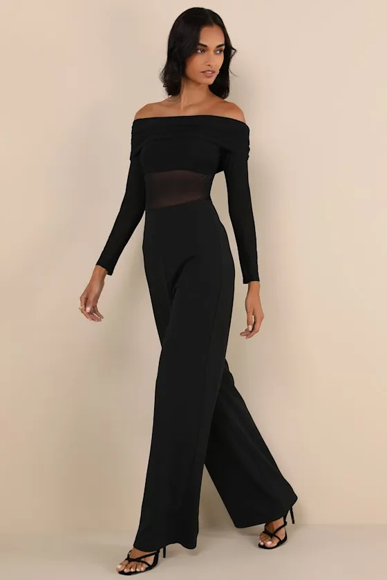 Sultry Statement Black Mesh Ruched Off-the-Shoulder Jumpsuit sold by Lulus product image thumbnail 3