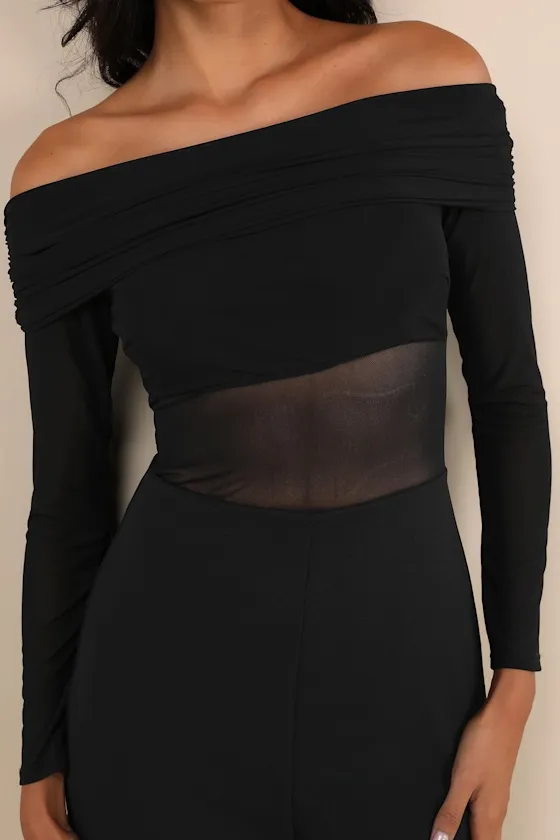 Sultry Statement Black Mesh Ruched Off-the-Shoulder Jumpsuit sold by Lulus product image thumbnail 4