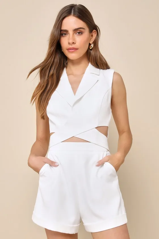 Posh and Flirty White Collared Cutout Sleeveless Romper sold by Lulus