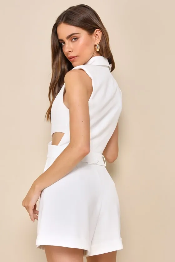 Posh and Flirty White Collared Cutout Sleeveless Romper sold by Lulus product image thumbnail 2